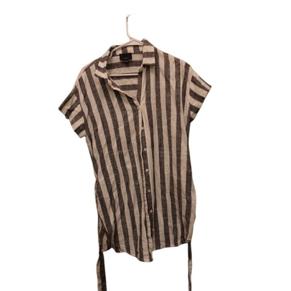 Lumiere Womens Large Gray White Stripe Linen Blend Button Up Tunic Shirt Dress